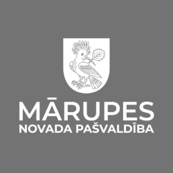 Mārupes novada ģerbonis ar uzrakstu, balts, vertikāls