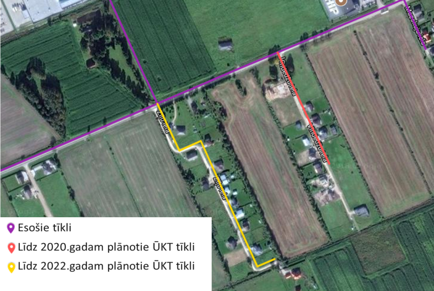 Kartes attēls no augšas, esošā tīkla apzīmējumi